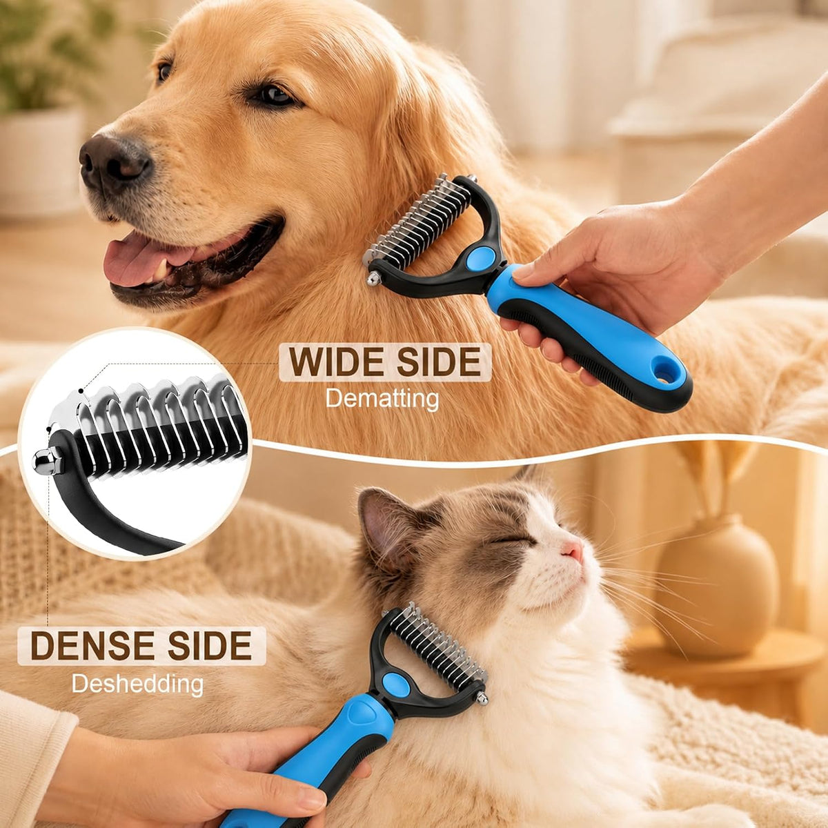 Comb for Dogs and Cats, Undercoat Rake Pet Brush for Long Hair (Blue-L)