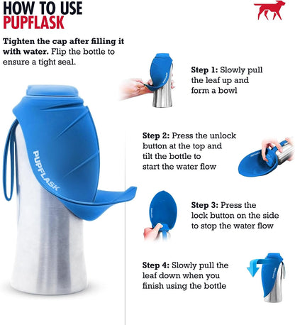 PupFlask Large Dog Water Bottle, Portable Stainless Steel Travel Bowl
