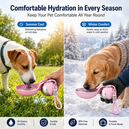 2 in 1 Portable Dog Water Bottle, 285ml Foldable Dog Travel Water Bottle with Silicone Bowl, Leak Proof Pet Water Bottle for Travel, Walks, Hikes, Park Visits, Tainless Steel (Pink)