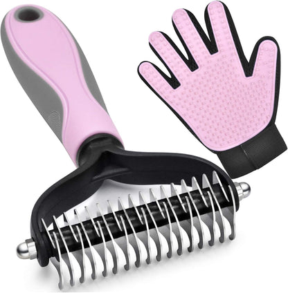 Double-Sided Undercoat Rake for Deshedding & Dematting Pets - Gentle Grooming Glove Kit for Dogs & Cats (Pink, 2 Pack)