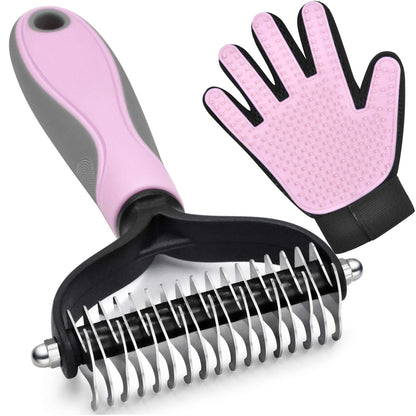 Double-Sided Undercoat Rake for Deshedding & Dematting Pets - Gentle Grooming Glove Kit for Dogs & Cats (Pink, 2 Pack)