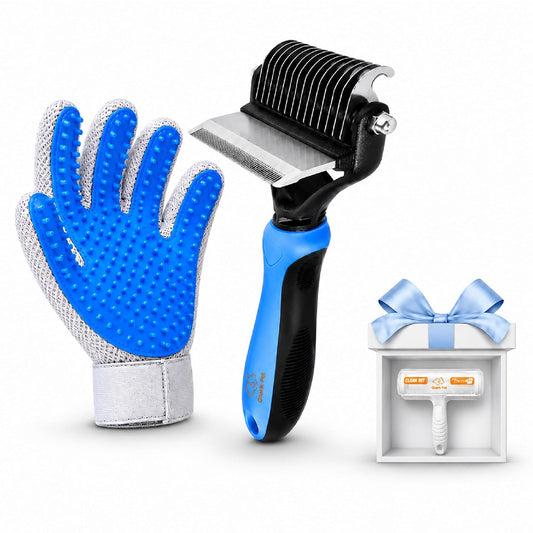 Dog Deshedding Brush & Grooming Glove Kit, Double-Sided 22 87 Teeth Undercoat Rake & Dematting Comb for Dog Cat Grooming Tools for Loose Fur, Short to Long Hair Reduces Shedding, Blue Small