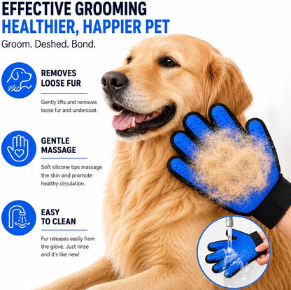 Pet Grooming Gloves for Dogs & Cats - 2-in-1 Deshedding Glove & Dematting Brush Set, Gentle Silicone Massage Mitt for Long & Short Hair, Professional Undercoat Rake