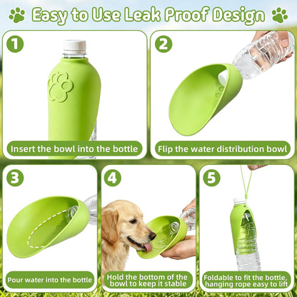 2 Pcs Portable Dog Water Bottle Attachment, Silicone Leak Proof Foldable Slip-on Pet Water Bowl for Walks, Dog Drink Dispenser, Leaf Design Water Bottle Adapter for Daily Hiking Travel