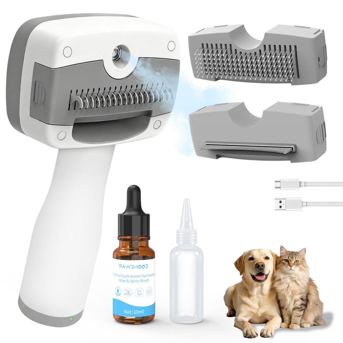 Pet Steam Brush for Dogs,Self-Cleaning,3 Swap-in Heads,Spray Hair Remover