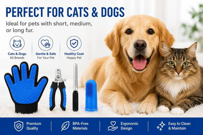 3-in-1 Pet Grooming Kit – Pet Deshedding Glove, 360° Silicone Finger Toothbrush, and Professional Dog Nail Clippers with File – Complete Grooming Set for Cats & Dogs with Short or Long Fur