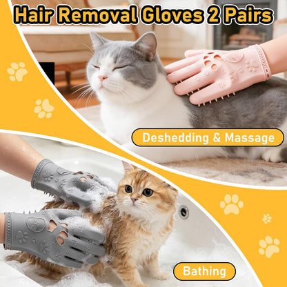Pet Hair Removal Gloves Grooming 2 Pair Pink & Grey