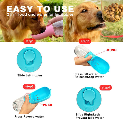 Dog Water Bottle with Food Container, Portable Leak Proof Pet Water Dispenser for Walking Hiking Travel, Puppy Essentials Accessories for Small Large Dogs, Dog Gifts (10oz/15oz/19oz)