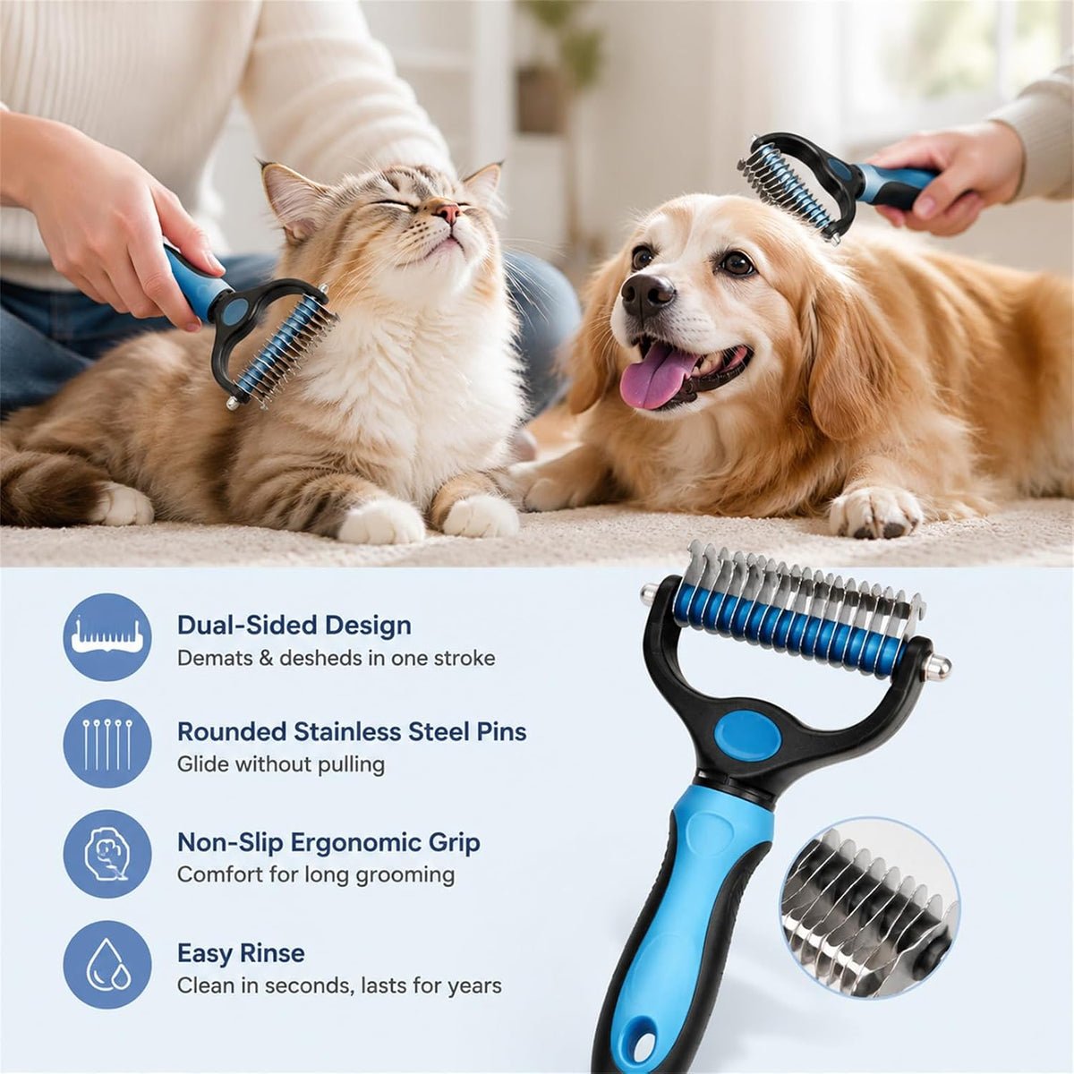 Pet Pro 2-in-1 Double-Sided Pet Grooming Tool, Pet Hair Remover