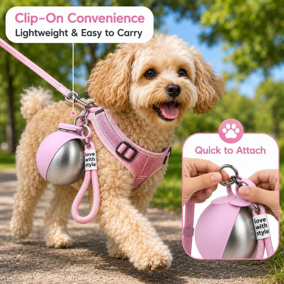 2 in 1 Portable Dog Water Bottle, 285ml Foldable Dog Travel Water Bottle with Silicone Bowl, Leak Proof Pet Water Bottle for Travel, Walks, Hikes, Park Visits, Tainless Steel (Pink)