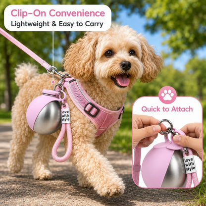 2 in 1 Portable Dog Water Bottle, 285ml Foldable Dog Travel Water Bottle with Silicone Bowl, Leak Proof Pet Water Bottle for Travel, Walks, Hikes, Park Visits, Tainless Steel (Pink)