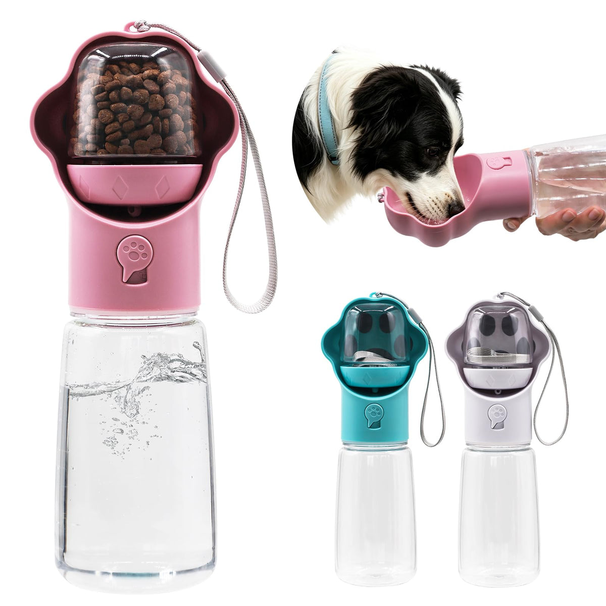 Dog Water Bottle with Food Container, Portable Pet Dispenser, Leak Proof, Hiking, Puppy Travel, Outdoor Activities(11.16 fl.oz/330ml, Pink)