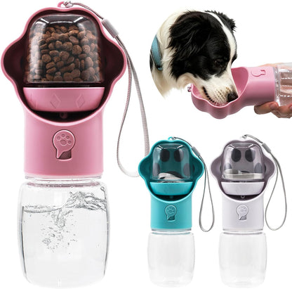 Dog Water Bottle with Food Container, Portable Pet Dispenser, Leak Proof, Hiking, Puppy Travel, Outdoor Activities(11.16 fl.oz/330ml, Pink)
