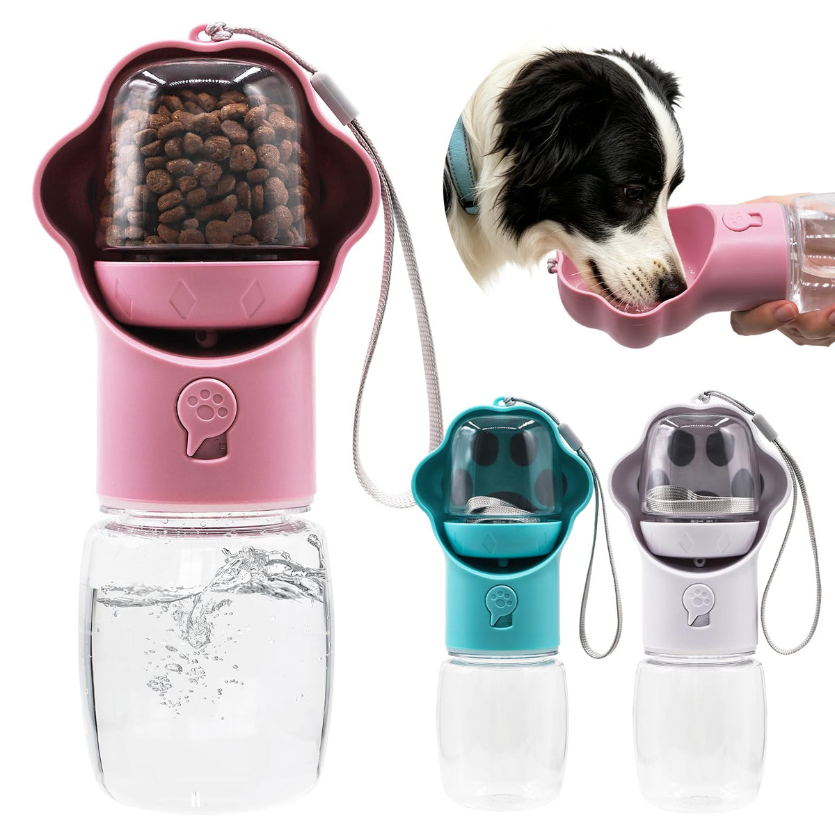 Dog Water Bottle with Food Container, Portable Pet Dispenser, Leak Proof, Hiking, Puppy Travel, Outdoor Activities(11.16 fl.oz/330ml, Pink)