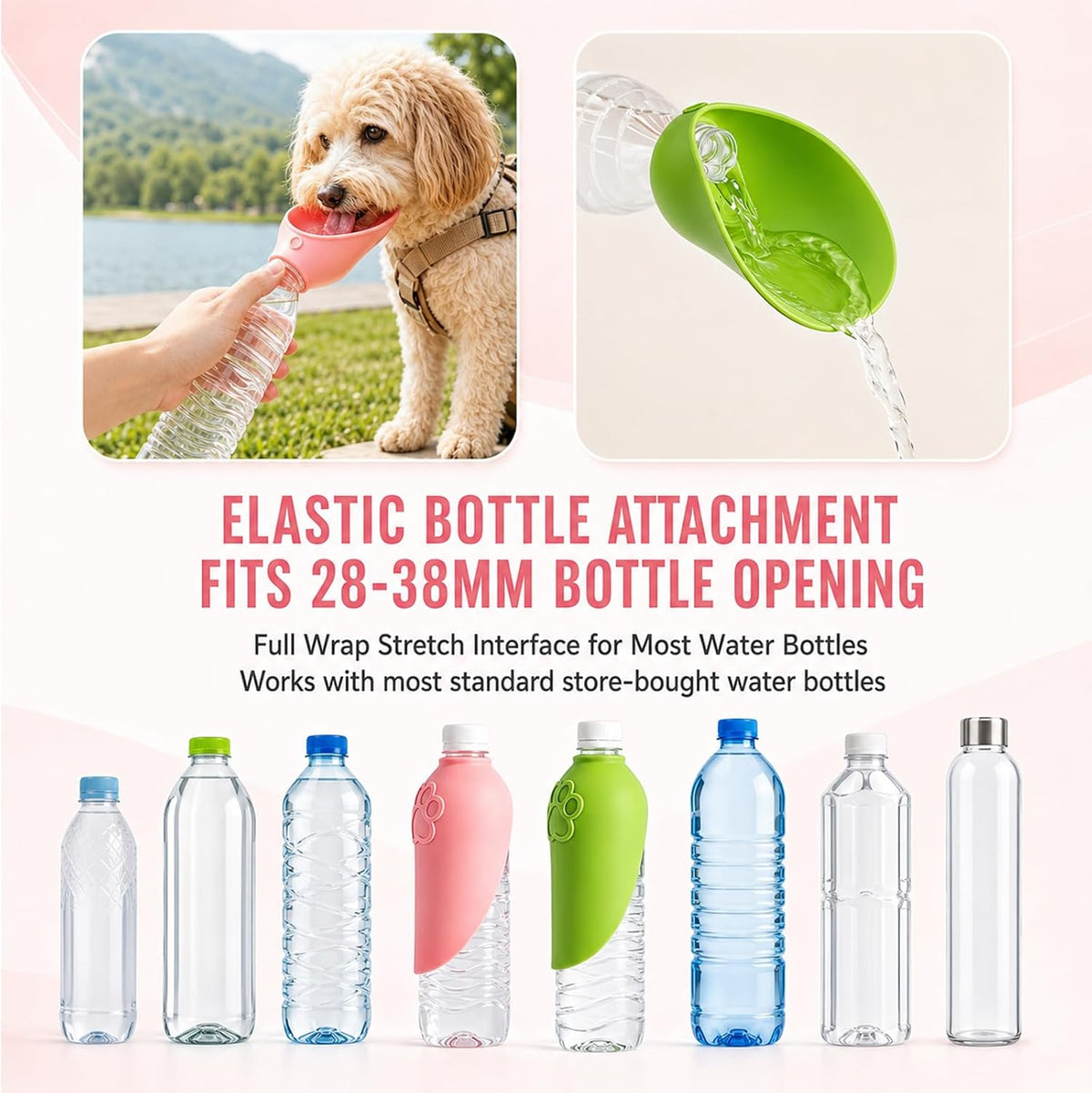 2PCS Portable Dog Water Bottle Attachment, Slip-On Pet Water Bowl, Dog Water Bottle Adapter for Standard Water Bottles Leak Proof Outdoor Pet Water Feeder Bowl(Green+Pink)
