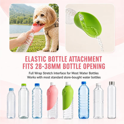 2PCS Portable Dog Water Bottle Attachment, Slip-On Pet Water Bowl, Dog Water Bottle Adapter for Standard Water Bottles Leak Proof Outdoor Pet Water Feeder Bowl(Green+Pink)