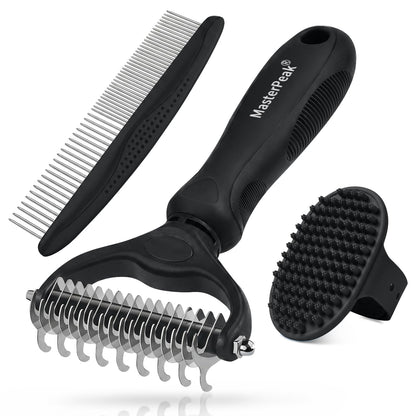 3-in-1 Pet Grooming Kit Rake Metal Comb & Bath Brush Blue