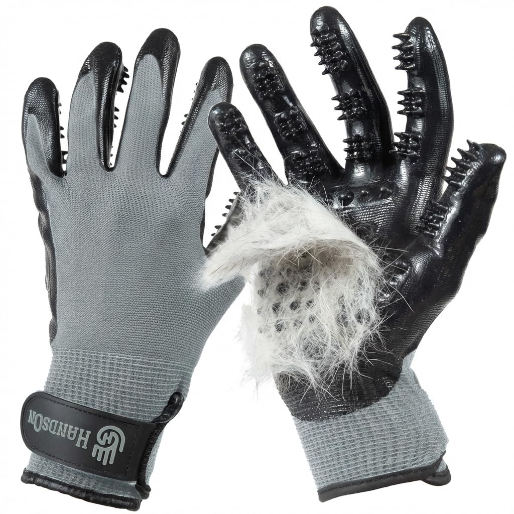 H HANDSON Pet Grooming Gloves - Patented #1 Ranked, Award Winning Shedding, Bathing, & Hair Remover Gloves - Gentle Brush for Cats, Dogs, and Horses (Grey, Medium)