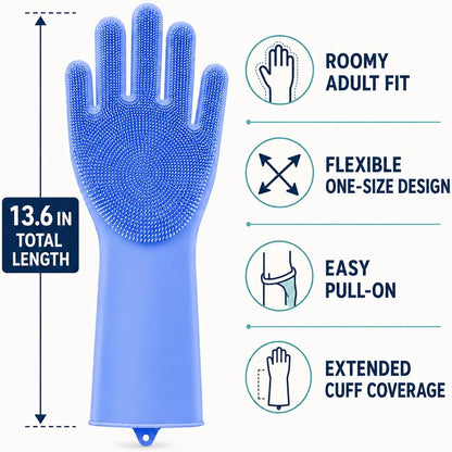 Silicone Dishwashing Gloves with Scrubber Bristles, Food-Grade Cleaning Mitts for Kitchen Dishes, Pet Grooming & Car Wash