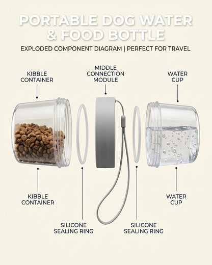 Portable Pet Travel Water Bottle and Food Container - 2-in-1 Detachable Dog Travel Cup for Walking, Hiking and Traveling - Leak-Proof, BPA Free & Food Grade Safety Material (Gray, Small Size)