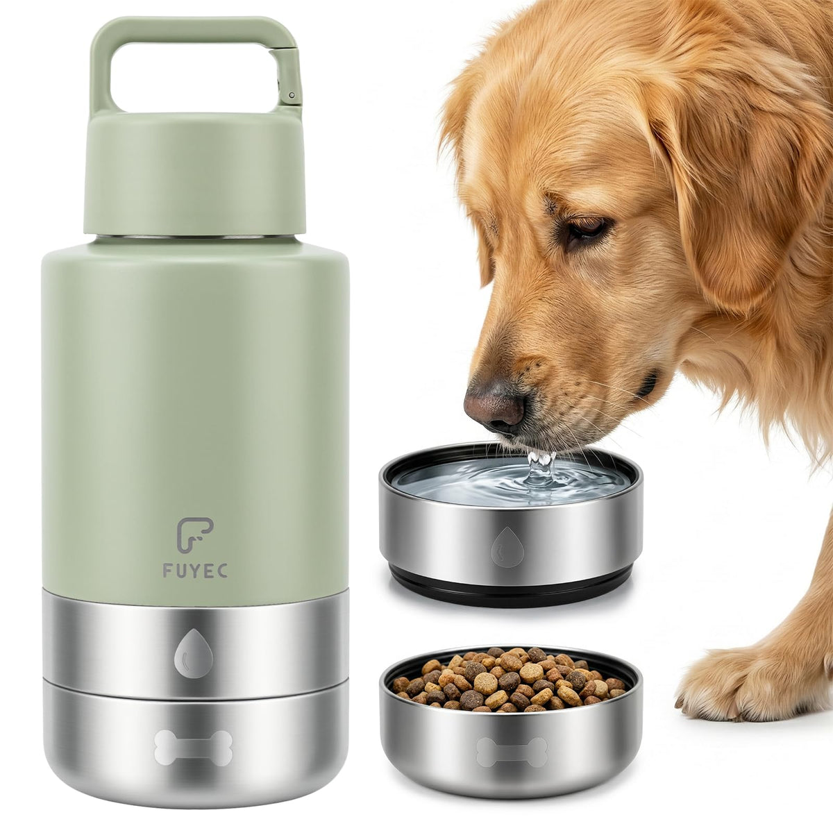 Dog Water Bottle 32oz, Insulated Stainless Steel Travel Water Dispenser with 2 Detachable Dog Bowls for Food and Water, Leak Proof Portable Pet Drinking Cup for Walking Hiking Camping