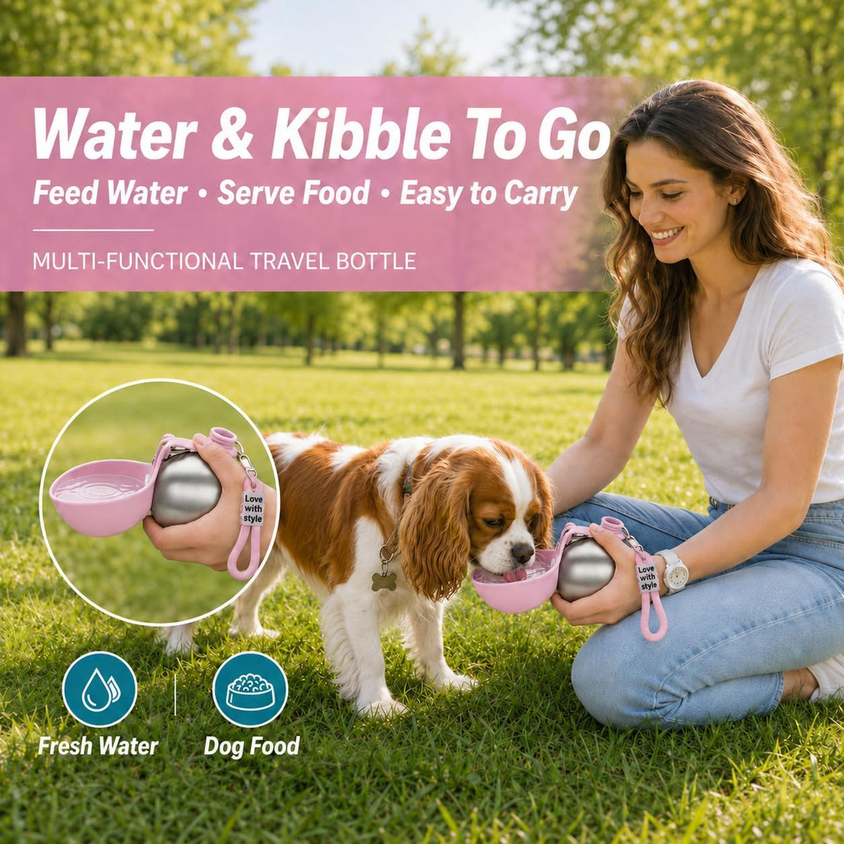 Portable Pet Dog Water Bottle with Silicone Collapsible Bowl, 10 oz Pink