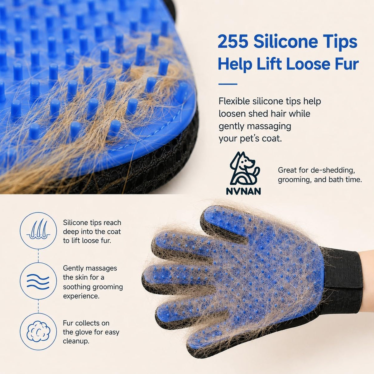 NVNAN Pet Hair Removal Glove for Dogs & Cats, 2-Pack Blue