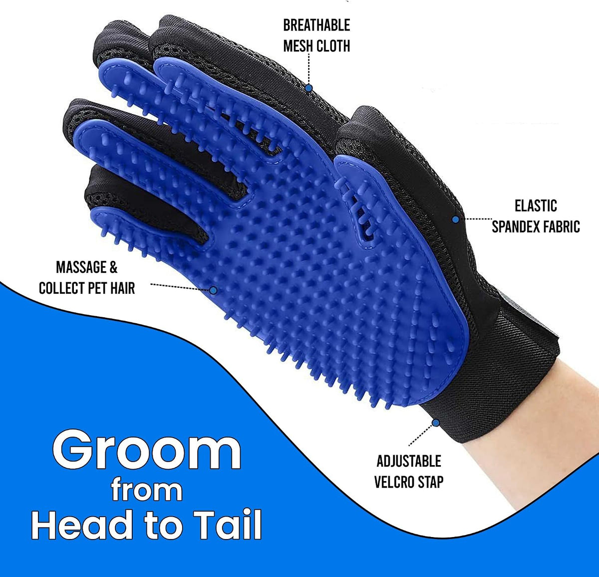 Blue Pet Hair Remover Gloves - 1 Pair, Pet Grooming Gloves | Cat Hair Remover | Gentle Deshedding Brushes for Dogs, Cats & Horses | Dog Washing Gloves