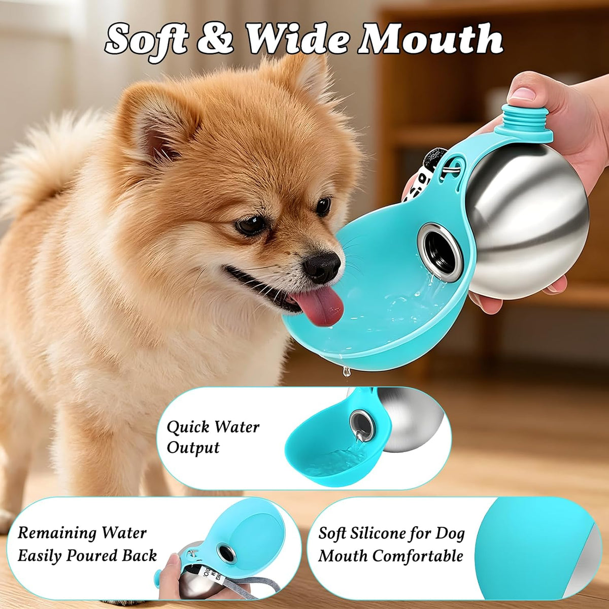 Dog Water Bottle Portable - Travel Dogs Walking Bottles for Drinking 2 in 1 Foldable Stainless Steel Pet Waters Dispenser Silicone Bowl Leakproof for Puppy Outdoor