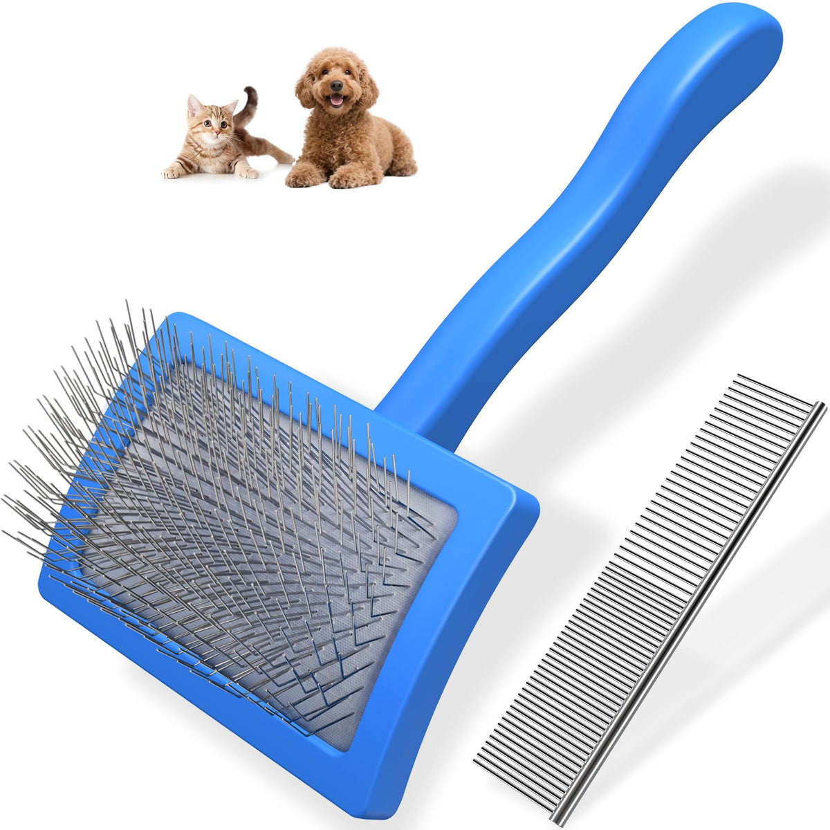 2PCS Slicker Brush for Dogs & Pet Comb,Professional Dog Grooming Brush (Goldendoodles,Poodles,Labradoodles) with Extra Long Pins to Effectively Remove Tangles, Knots and Mats (Blue, Large)