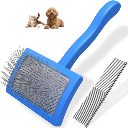 2PCS Slicker Brush for Dogs & Pet Comb,Professional Dog Grooming Brush (Goldendoodles,Poodles,Labradoodles) with Extra Long Pins to Effectively Remove Tangles, Knots and Mats (Blue, Large)