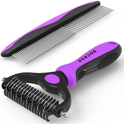 Docrok Pet Grooming Combo - Blue Deshedding Brush with Metal Comb for Detangling and Dematting Long, Matted Fur on Cats and Dogs