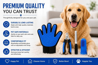 3-in-1 Pet Grooming Kit – Pet Deshedding Glove, 360° Silicone Finger Toothbrush, and Professional Dog Nail Clippers with File – Complete Grooming Set for Cats & Dogs with Short or Long Fur