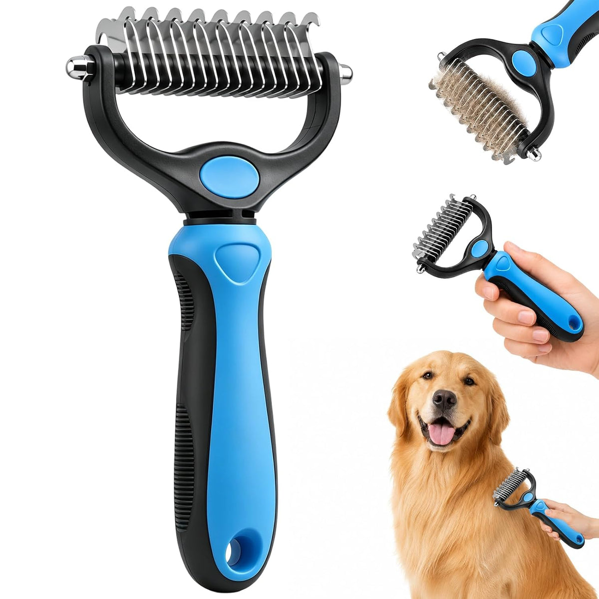 Comb for Dogs and Cats, Undercoat Rake Pet Brush for Long Hair (Blue-L)