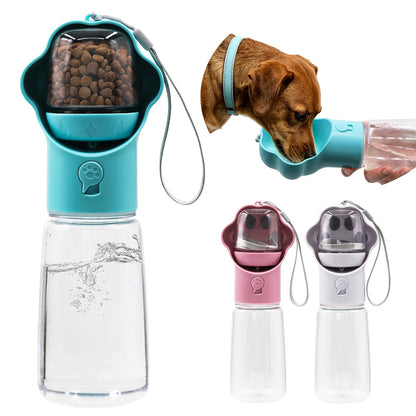 Dog Water Bottle with Food Container, Portable Pet Dispenser, Leak Proof, Hiking, Puppy Travel, Outdoor Activities(11.16 fl.oz/330ml, Pink)