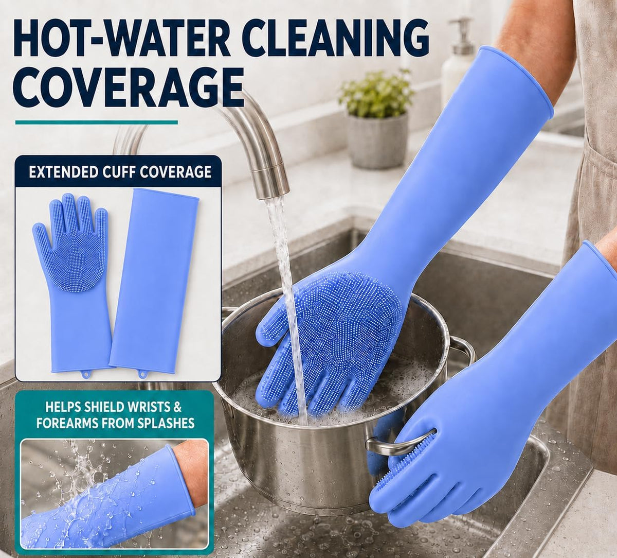 Silicone Dishwashing Gloves with Scrubber Bristles, Food-Grade Cleaning Mitts for Kitchen Dishes, Pet Grooming & Car Wash