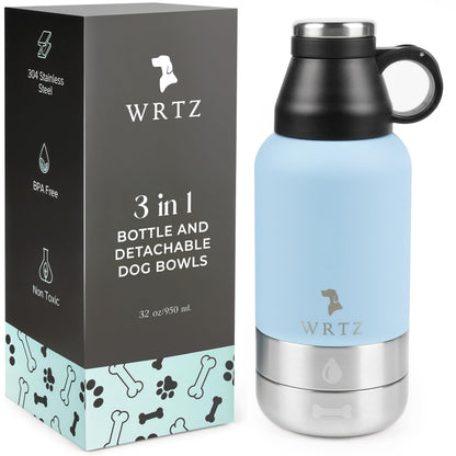 Portable Dog Water Bottle with 2 Removable Water Bowls for Dogs – Leak-Proof Insulated Stainless Steel Dog Water Bottle - Travel Accessories for Dogs - 32oz - Teal