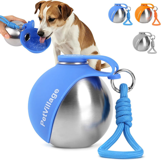 2-in-1 Dog Water Bottle with Foldable Bowl, Portable Leak-Proof Pet Travel Water Dispenser, Stainless Steel Dog Hydration Bottle for Walking, Hiking, Small Dogs & Puppies, PawSip Blue 10oz