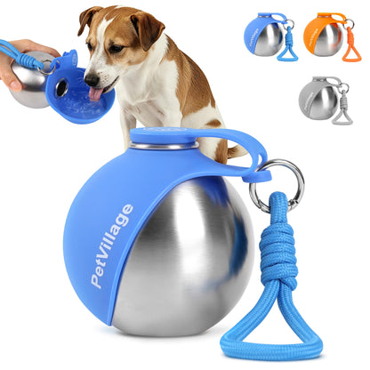 2-in-1 Dog Water Bottle with Foldable Bowl, Portable Leak-Proof Pet Travel Water Dispenser, Stainless Steel Dog Hydration Bottle for Walking, Hiking, Small Dogs & Puppies, PawSip Blue 10oz