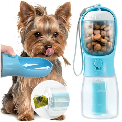 Portable Water Bottle for Small Dogs, 3 in 1 Pet Travel Bowl Dispenser with Food Treat Container & Poop Bag Holder, Summer Hiking Walking Accessories for Puppy On The Go - Pink, 10oz