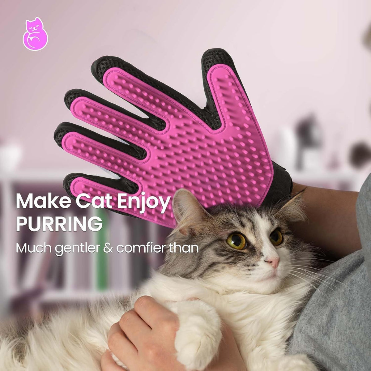 Pet Hair Removal Glove with 255 Silicone Tips for Dogs & Cats, Right Pink