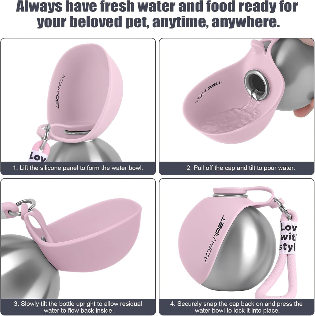 Portable Dog Water Bottle 10oz Stainless Steel Travel Bowl
