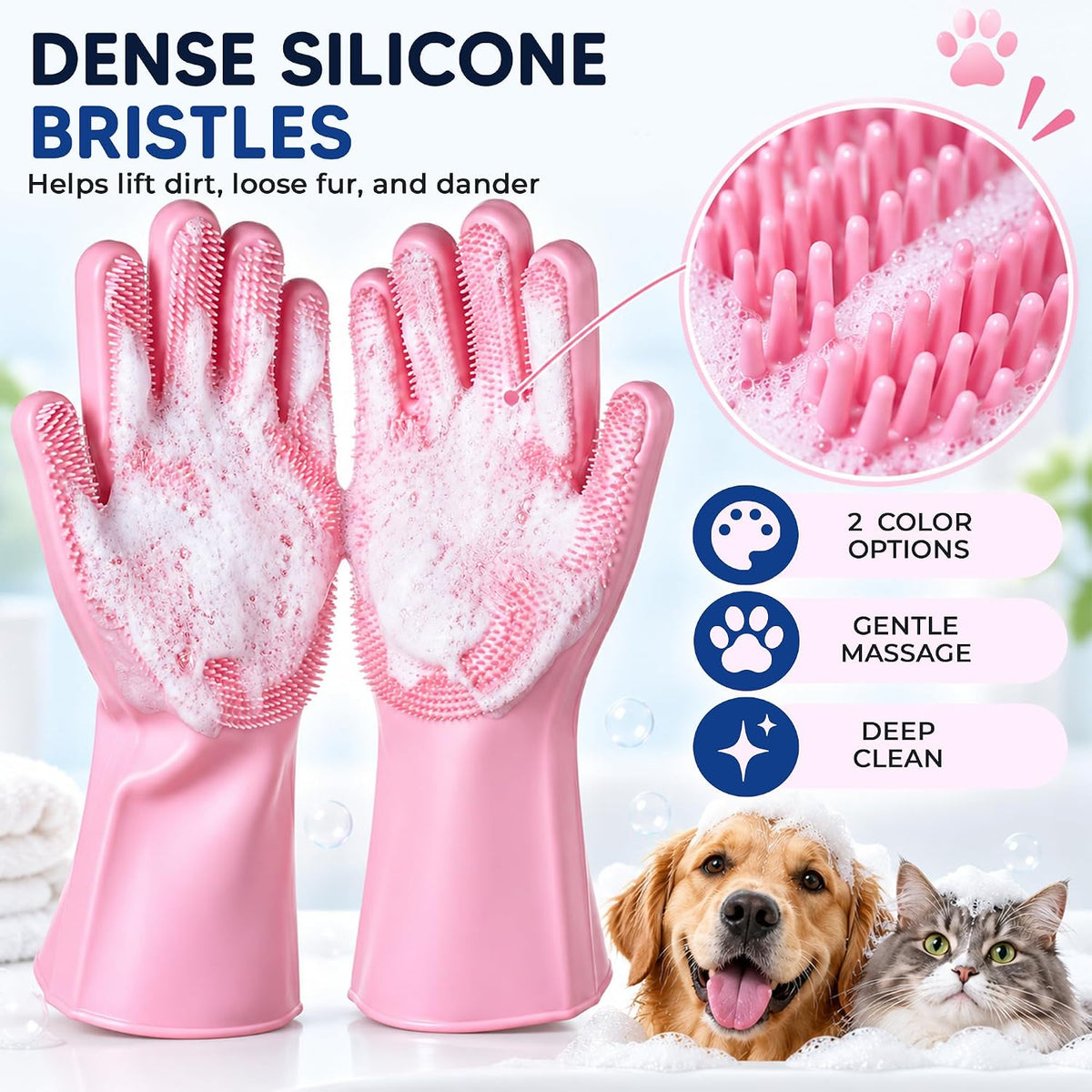 NVNAN Pet Washing Gloves for Dogs and Cats, Pink, Silicone