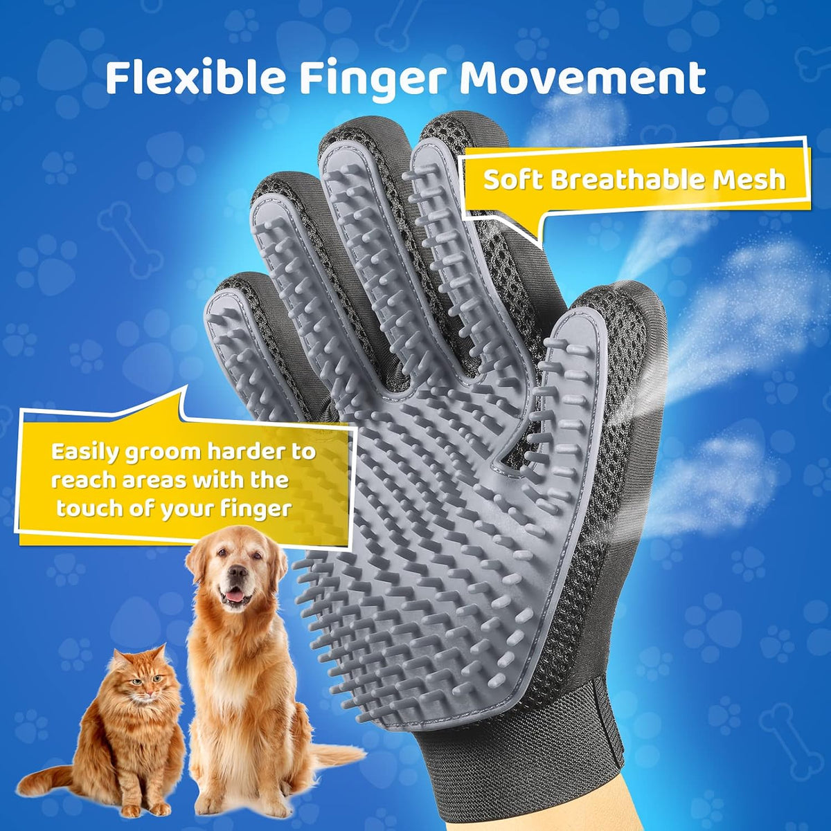Pet Hair Removal Glove with 255 Silicone Tips for Dogs & Cats, 1 Pair Gray