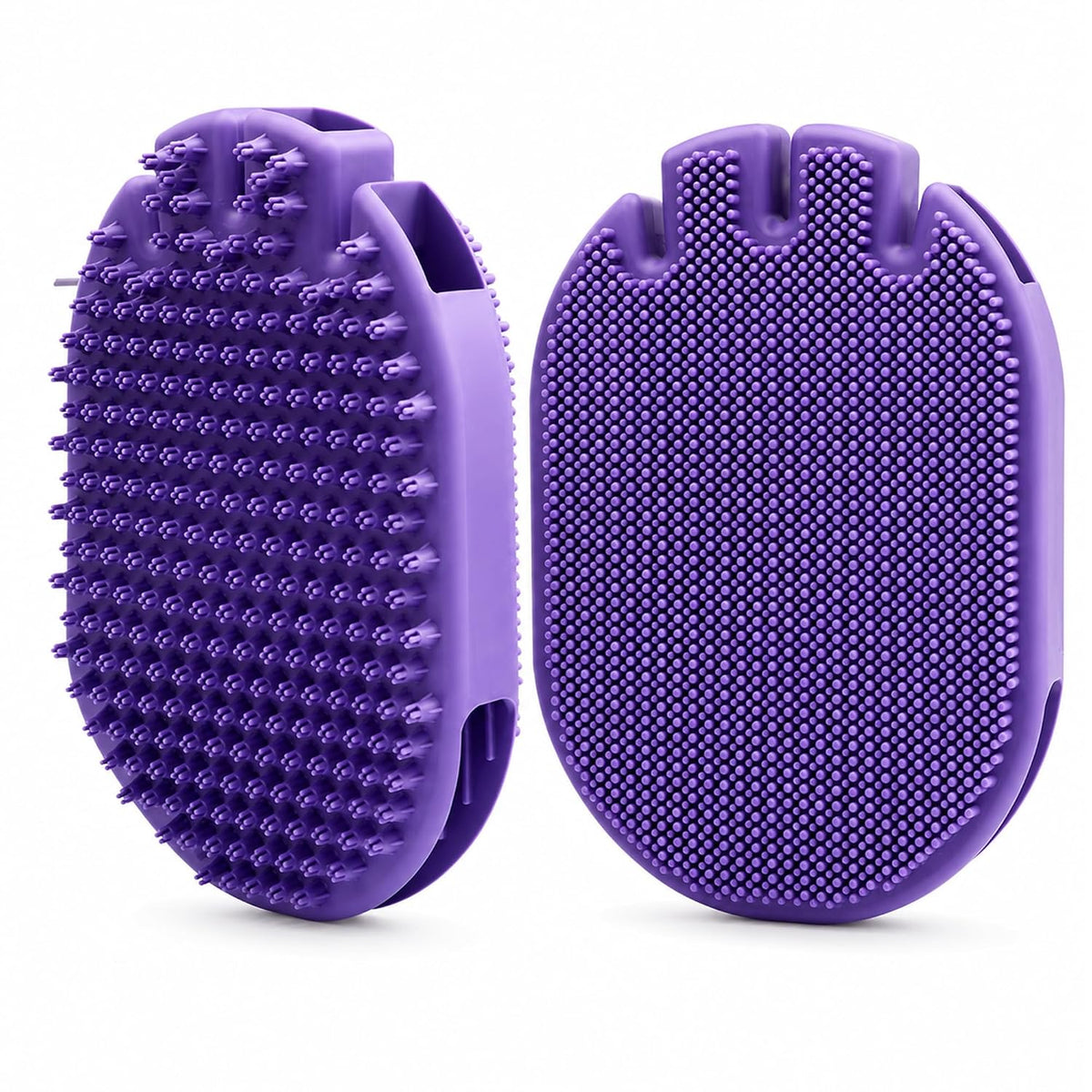 2-in-1 Silicone Pet Bath Brush for Dogs and Cats, Glove-Style Slip-On Grooming Scrubber, Dual-Sided Rubber Deshedding Brush for Bathing, Shampoo Lathering, Hair Removal and Massage, Purple