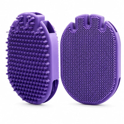 2-in-1 Silicone Pet Bath Brush for Dogs and Cats, Glove-Style Slip-On Grooming Scrubber, Dual-Sided Rubber Deshedding Brush for Bathing, Shampoo Lathering, Hair Removal and Massage, Purple