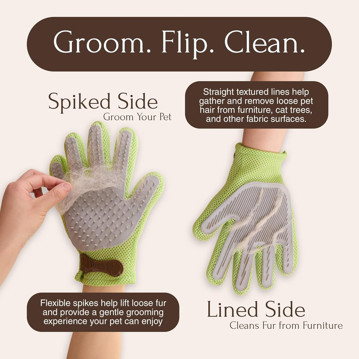 PetPals Single Pet Hair Removal Glove, Double-Sided Cat Grooming Glove