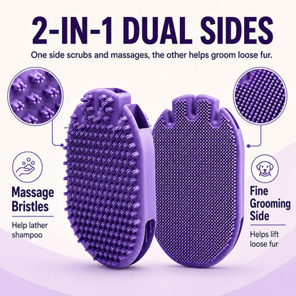 2-in-1 Silicone Pet Bath Brush for Dogs and Cats, Glove-Style Slip-On Grooming Scrubber, Dual-Sided Rubber Deshedding Brush for Bathing, Shampoo Lathering, Hair Removal and Massage, Purple