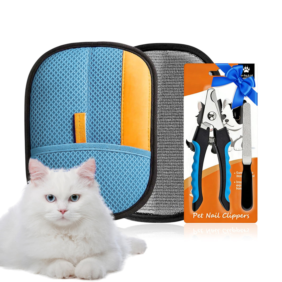 3-in-1 Pet Grooming Kit – Pet Deshedding Glove, 360° Silicone Finger Toothbrush, and Professional Dog Nail Clippers with File – Complete Grooming Set for Cats & Dogs with Short or Long Fur