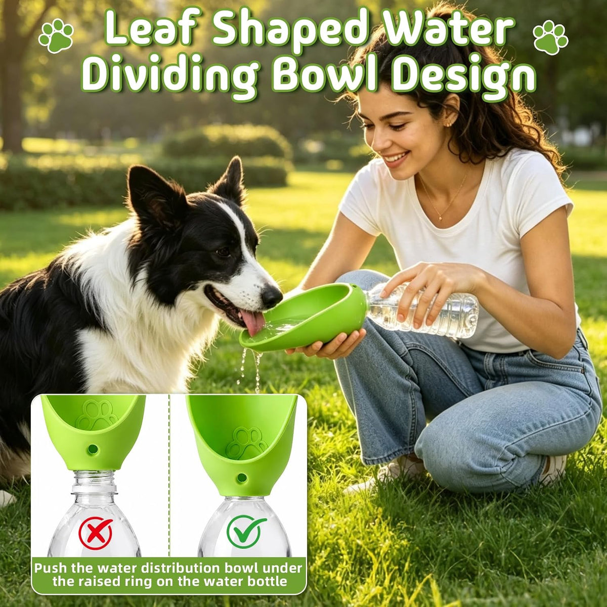 2 Pcs Portable Dog Water Bottle Attachment, Silicone Leak Proof Foldable Slip-on Pet Water Bowl for Walks, Dog Drink Dispenser, Leaf Design Water Bottle Adapter for Daily Hiking Travel